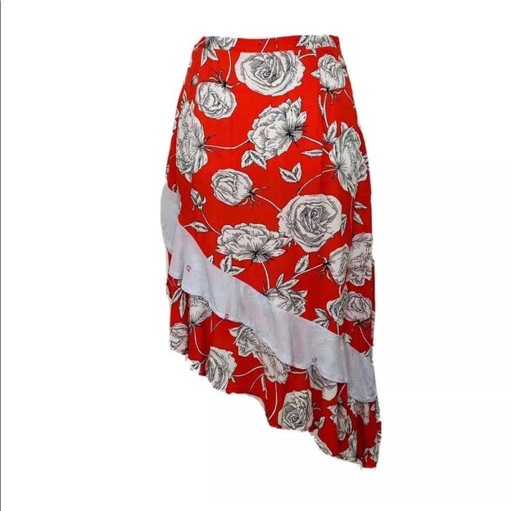 Jaase Red Floral Ruffled Asymmetrical Skirt Size M